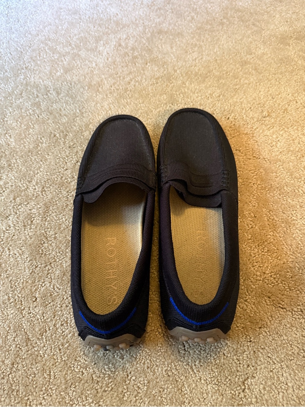 Rothy's Black Slip-On driving shoes with Blue Accent